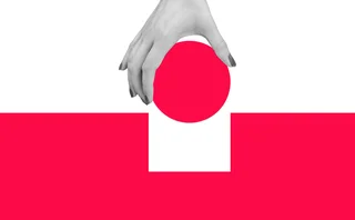 Inserting red circle into square shaped cut out - stock photo