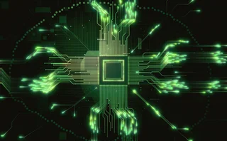 Depiction of a green PC circuit board on a dark background, with focus on the CPU, symbolising data and technology