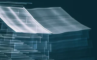 Abstract digital illustration of flowing data streams across a translucent geometric structure on a dark blue background