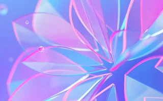 Abstract pink and blue 3D geometric shapes with flowing lines and floating spheres, creating a futuristic digital technology background.