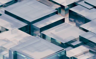 Abstract geometric pattern of layered translucent blocks in white, blue and teal tones
