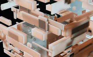 Abstract 3D geometric structure of interconnected blocks representing data networks and digital infrastructure
