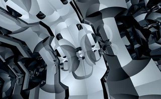 Abstract monochrome 3D geometric forms clustered together in a complex layered composition
