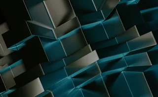 Abstract pattern of overlapping dark geometric blocks with blue and teal highlights