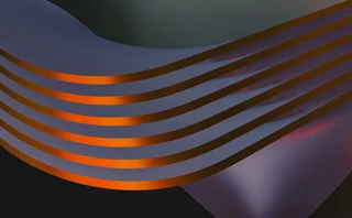 Abstract 3D composition of sweeping curved bands in dark blue, purple and orange, creating a layered, flowing pattern against a dark background.