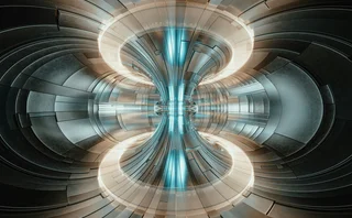 Futuristic metallic tunnel with symmetrical curved structures and glowing blue lights, representing advanced technology, digital infrastructure and innovation