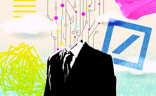 Colourful collage of a suited figure with a circuit board instead of a head against a backgdrop featuring a stylised Deutsche Bank logo