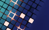 3D-rendered abstract image of a grid of rounded squares in gradient shades of blue and teal, with a few squares glowing in soft pink, creating a pattern of light and contrast against a dark blue background.