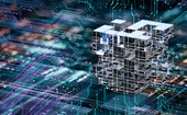 3D transparent cube structure floating above a circuit board with glowing digital connections, symbolizing cloud computing, AI architecture, and data infrastructure