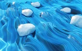 Abstract 3D illustration of smooth blue flowing lines resembling fluid motion around white pebbles, representing data streams, digital flow, or futuristic technology