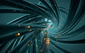 Futuristic visualization of high-speed data transfer through swirling dark fiber optic cables with glowing orange particles, symbolizing advanced communication networks and digital connectivity.