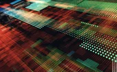 Abstract digital landscape with green, orange, and red pixel matrices representing data transmission, blockchain technology, and AI-driven analytics