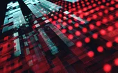 Abstract visualization of digital data flow with red and cyan pixelated patterns, representing cybersecurity threats, big data processing, and digital infrastructure