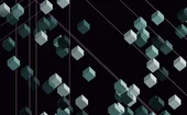 Abstract digital illustration of floating 3D cubes connected by thin glowing lines on a dark background, symbolising blockchain networks, data flow and decentralised technology