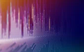 Abstract digital background with vertical glowing lines and gradient colors in purple, pink, orange, and blue, representing data flow, sound waves, or futuristic technology