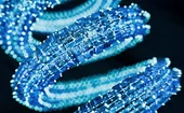 Futuristic 3D visualization of interconnected blue cubes and glowing nodes forming a twisting digital structure, symbolizing data networks or quantum computing