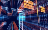 Abstract 3D visualization of digital data flow with glowing blue and orange lines, representing cybersecurity, information networks, and big data processing.