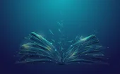 Digital illustration of an open book made of glowing geometric lines and particles, symbolizing knowledge, learning, and futuristic technology