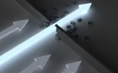 Glowing arrow breaking through a wall symbolizing innovation, progress, and overcoming obstacles in business or technology