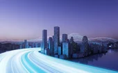 Futuristic city skyline at dusk with illuminated skyscrapers, glowing digital data networks, and light trails representing high-speed connectivity. Concept of smart cities, digital transformation, and next-generation urban infrastructure powered by technology and innovation