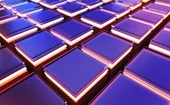 Abstract grid of glowing purple and blue glass squares with orange neon light. Digital technology, data, or blockchain concept.