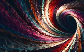 Colorful geometric vortex resembling a digital energy spiral, with layered facets suggesting motion, data flow, and futuristic design