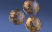 Three floating metallic 3D spheres with reflective surfaces and gold crystalline patches on a blue gradient background