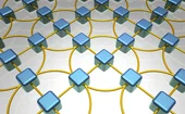 Futuristic 3D illustration of a geometric network grid featuring blue square nodes connected by golden circular rings, symbolising blockchain, data networks and digital connectivity