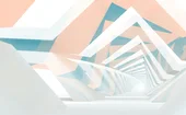 Abstract architectural tunnel of white geometric beams with soft blue and peach accents receding into the distance