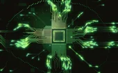 Depiction of a green PC circuit board on a dark background, with focus on the CPU, symbolising data and technology