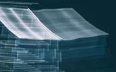 Abstract digital illustration of flowing data streams across a translucent geometric structure on a dark blue background
