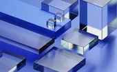 Abstract 3D geometric composition featuring glossy blue and silver metallic cubes and rectangular blocks arranged in a modern minimalist scene, with reflective surfaces, soft lighting, and a futuristic digital aesthetic.