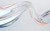 Abstract 3D composition of flowing, ribbon-like forms in soft blue, white and peach tones, creating smooth waves and curves against a pale background