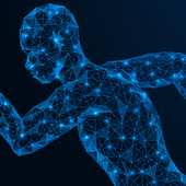 A running man. The technique of the hands when moving. Healthy lifestyle. Polygonal design of interconnected lines and points. Blue background.