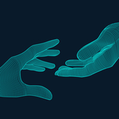 blue wireframe hands reaching to each other