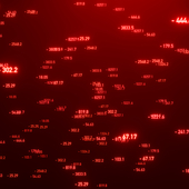 Red screen with negative random floating numbers. Minus sign, loss, business and finance, illuminated figures, abstract data, futuristic, sciences, big data.