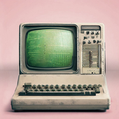 An old, dirty computer on pink background