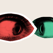 Two eyes in red and green staring intensely at each other, suggesting a silent yet absurd confrontation in communication. - stock photo