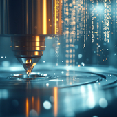 Close-up of a high-tech machine tool with digital binary code overlay, symbolizing precision manufacturing, data-driven engineering, and industry automation.
