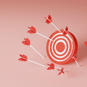 Several unsuccessful attempts at a red arrow that missed the target on a light red background. Failure in attempts to achieve goals. 3d render illustration