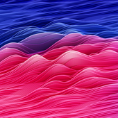 Abstract 3D digital landscape made of pink and blue wave-like grids, creating a futuristic data visualization effect.