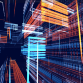 Abstract 3D visualization of digital data flow with glowing blue and orange lines, representing cybersecurity, information networks, and big data processing.