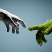 marble statue hand reaching out toward green hand covered in plants with index fingers nearly touching