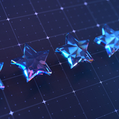 Five Crystal Stars On A Grid Background in Futuristic Blue Light - stock photo