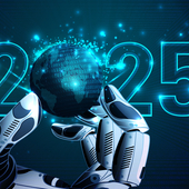 2025 new year and robotic artificial intelligence technology development concept.