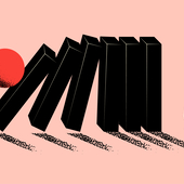 Conceptual business illustration of upcoming business problem metaphor with falling domino and businessman silhouette. Minimalistic vector illustration - stock illustration