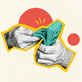 Composite photo collage of massive hairy hands hold wad money count dollars earnings income wealth isolated on painted background.