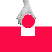 Inserting red circle into square shaped cut out - stock photo