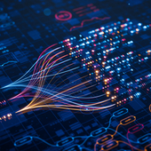 AI powers big data analysis and automation workflows, showcasing neural networks and data streams for business. Artificial intelligence, machine learning, digital transformation and tech innovation.