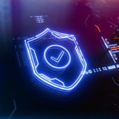 Futuristic neon shield with a checkmark on a digital background. Concept of cybersecurity, data protection, digital safety, privacy policy, compliance and secure technology.